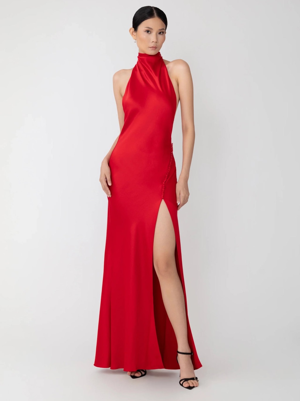 Satin Halter-Neck Red Maxi Dress With Side Slit